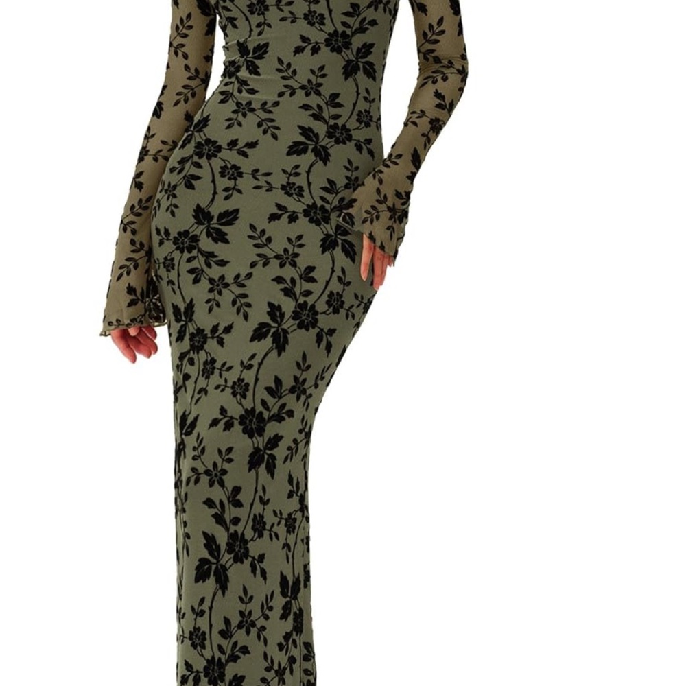 Chic Olive Green Floral Long Sleeve Dress